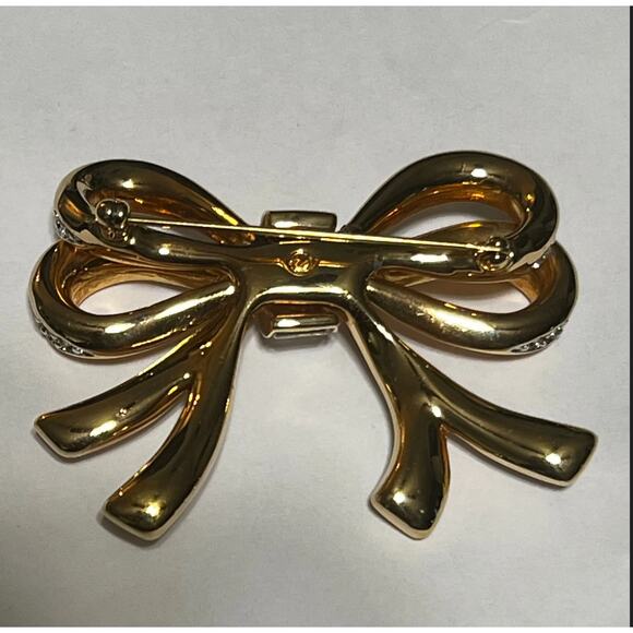 Vintage SWAROVSKI Large Double Bow Brooch Pin Figural Signed Crystal Goldtone - Picture 2 of 3
